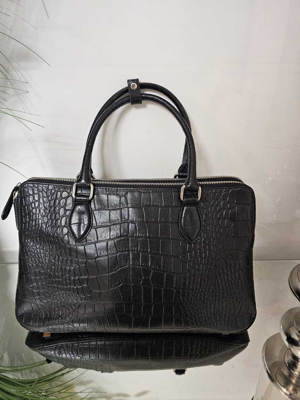 Danier Black Croc-Embossed Leather Briefcase - Picture 1 of 7